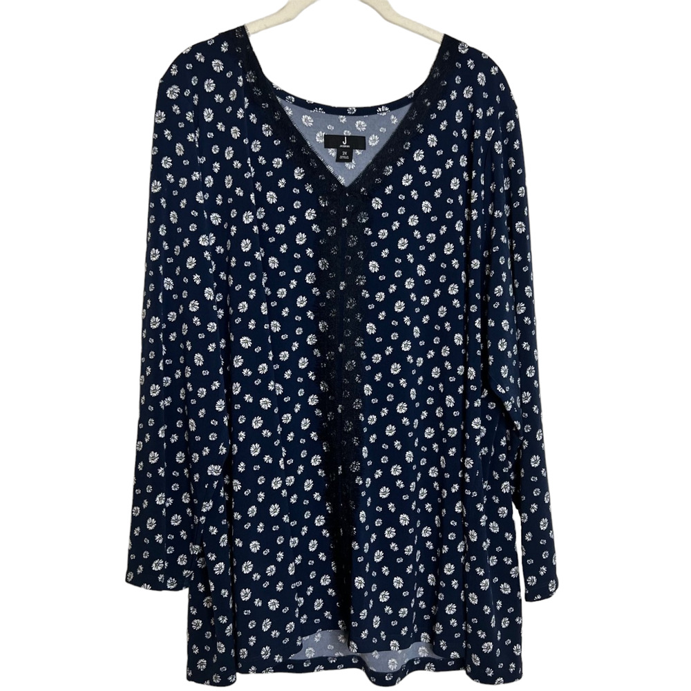 Jason Wu Womens Knit Tunic Size 2X Navy White Floral Lace Trim 3/4 Sleeve V-Neck